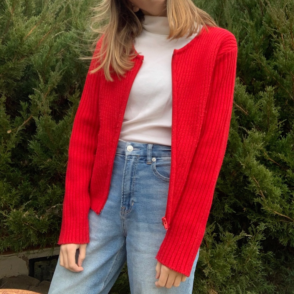 red zip up cardigan